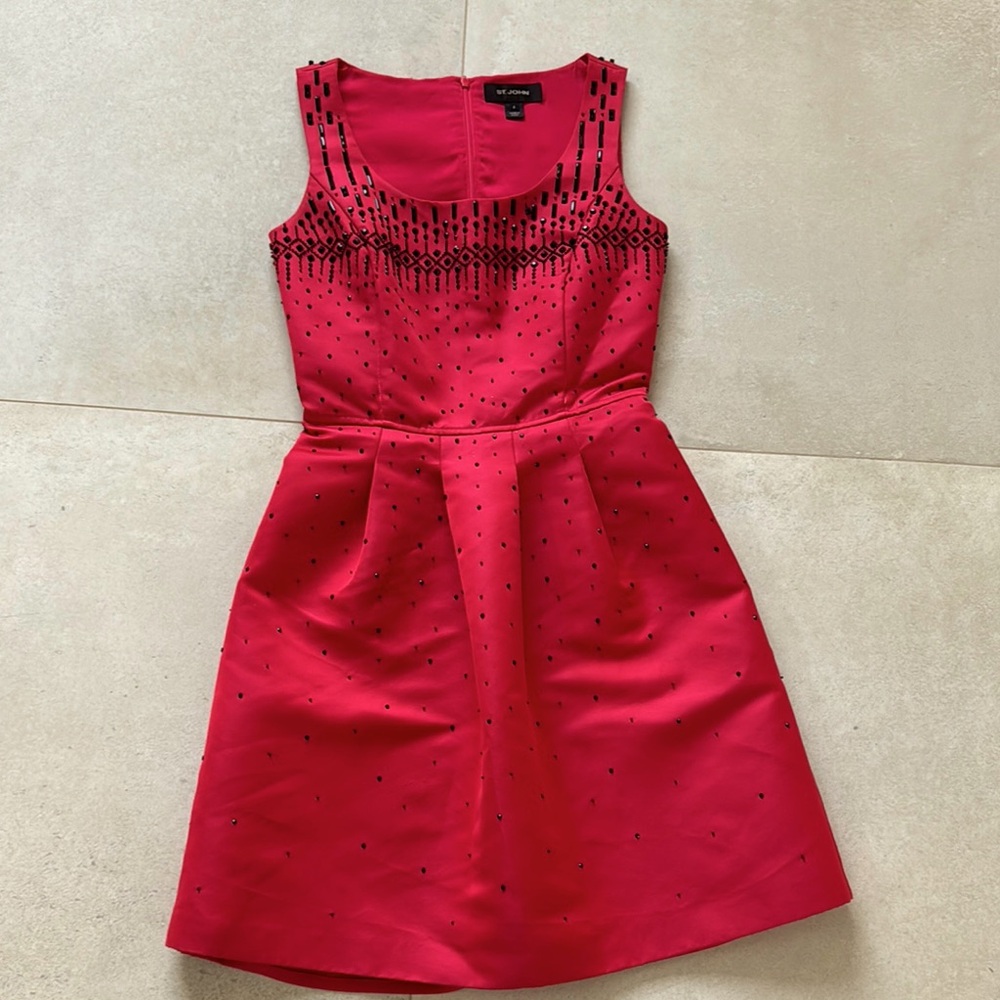 St John Red Sleeveless Dress with Black Accents